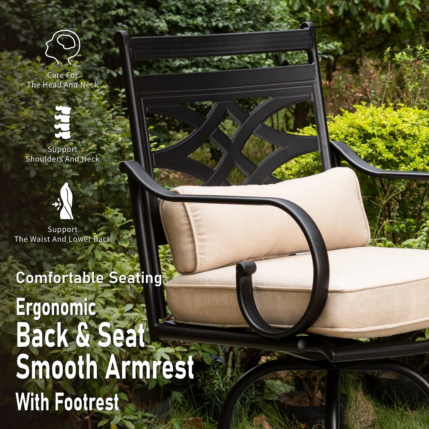 Summit Living Outdoor Swivel Bar Stool Set of 7, 6 Patio Barstool Height Chairs with Seat and Back Cushions & 1 Metal Steel Bar Table with Umbrella Hole, Black & Beige