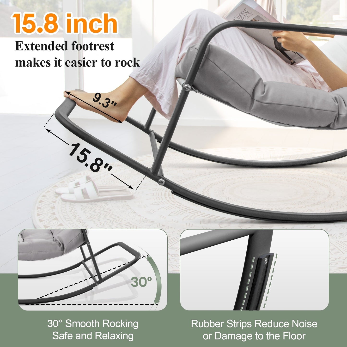 RADIATA Oversize Rocking Chair with Cushion & Footrest, Indoor Outdoor Rocking Chair Recliner, 450 lbs Capacity, Light Grey