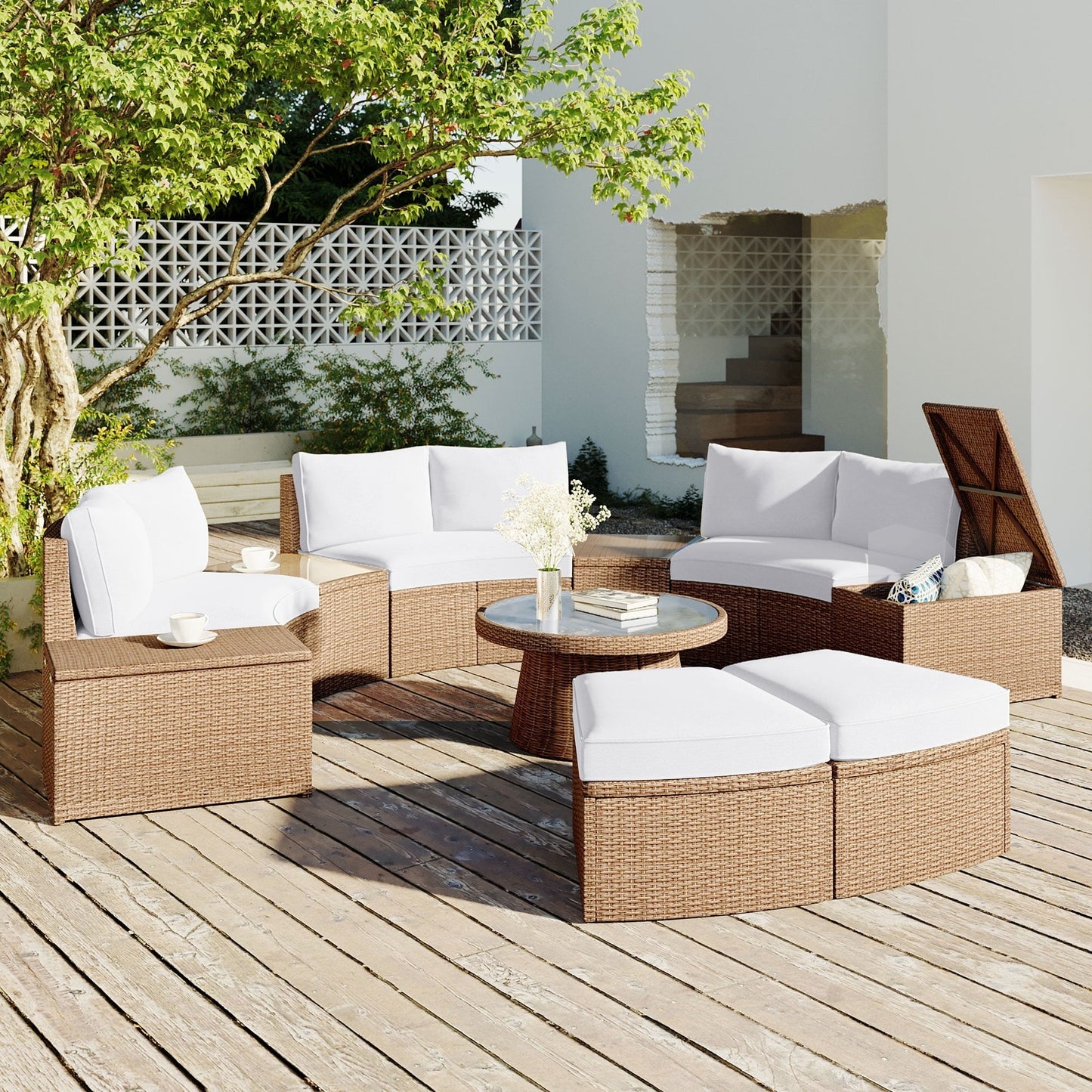 Olurrisa 10-Piece Outdoor Sectional Half Round Patio Rattan Sofa Set, PE Wicker Conversation Furniture Set for Free Combination, White