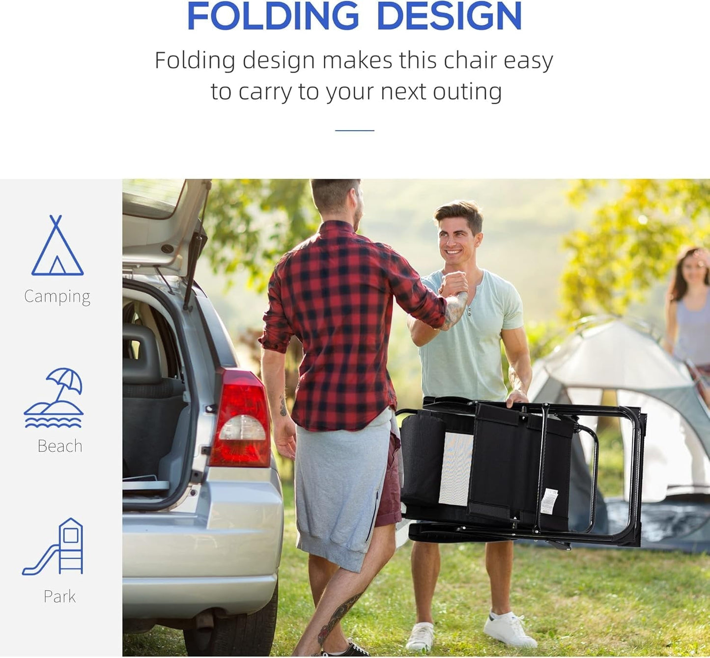 THTGCD Folding Patio Chairs Set of 2, Outdoor Deck Chair with Adjustable Sling Back, Camping Chair with Removable Headrest for Garden, Backyard, Lawn, Black