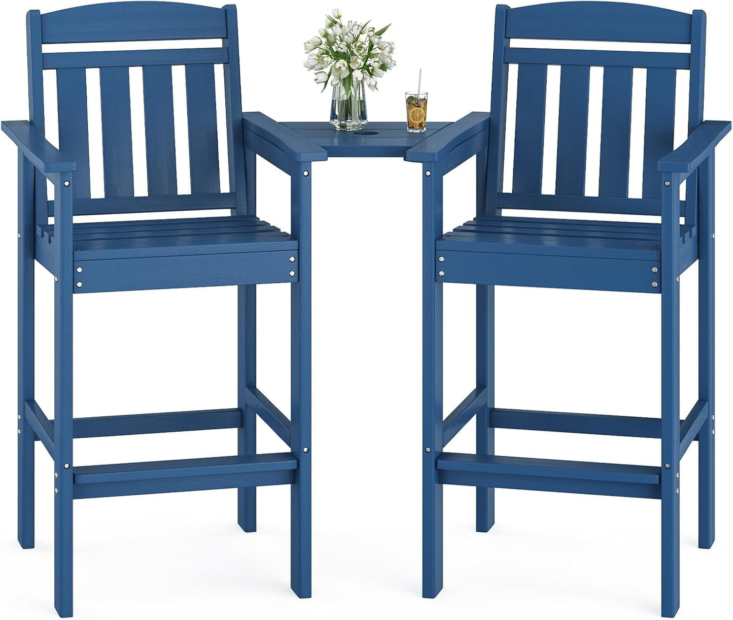 STARY Tall Adirondack Chairs Set of 2, HDPE Adirondack Bar Stools with Connecting Tray, Bar Height Adirondack Chair Patio Barstool, Ideal All Weather Tall Patio Chair for Balcony, Poolside, Backyard