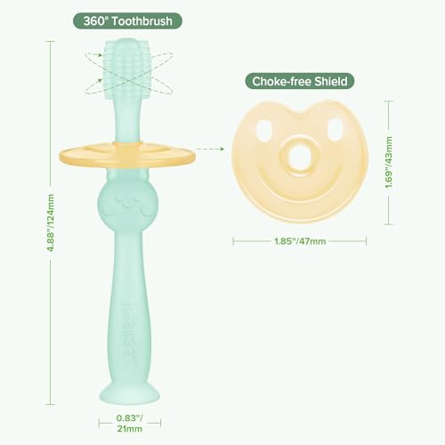 haakaa 360° Baby Toothbrush with Suction Base - Gentle Cleaning for Toddler's Self-Brushing Training, Food-Grade Silicone, Adjustable Safety Shield - Blue (1 Piece)