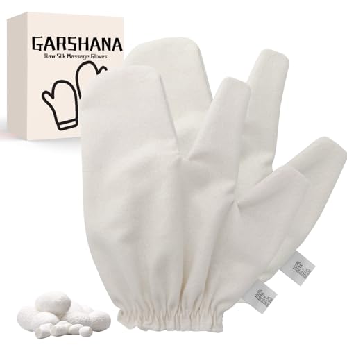 Garshana Gloves Raw Silk Massage Gloves Ayurvedic Massage，Quick-Dry Reusable with Elastic Wrist Strap for Face/Body/Sensitive Skin And Spa Care, (1 Pair)
