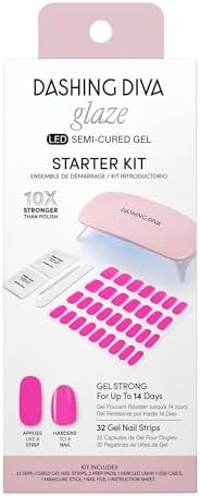 Dashing Diva Glaze Nail Starter Kit - Magenta Madness - Long Lasting, Chip Resistant, Semi-Cured Gel Nail Strips - 7-Piece Manicure Set with 32 Strips and Mini LED Lamp
