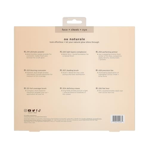 Real Techniques 9 Piece Au Naturale Makeup Brush Set, For Liquid, Cream, & Powder Eyeshadow, Foundation, Blush, Bronzer & Contour, Travel Friendly Brushes, Gift Set, Cruelty-Free Bristles