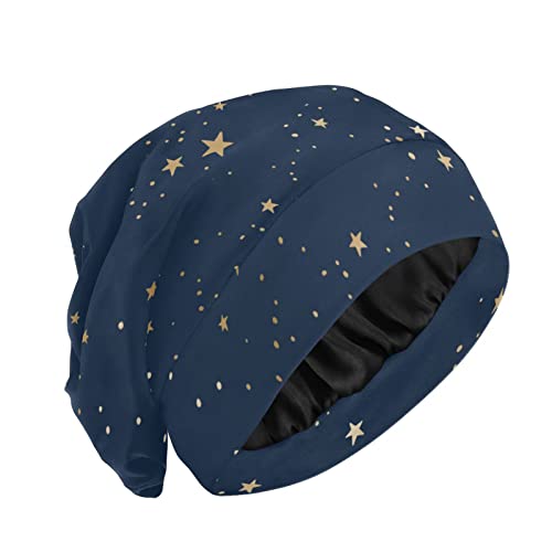 Satin Bonnet Lined Sleep Cap Hair Wrap Cover Slouchy Beanie for Curly Hair Protection for Gifts for Men Women Dark Blue Stars