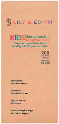 LILY & EDITH Kids Biodegradable Dental Floss Picks 200 Counts, Fluoride Free, Plant Based Material, Fun Animal Flossing Sticks, Ultra Sturdy Thread, Zero Waste Package (Unflavored)