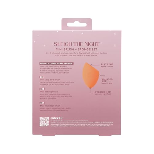 Real Techniques Sleigh The Night Mini Brush + Sponge 4 Piece Holiday Gift Set, Small Makeup Brushes For Travel, Makeup Sponge For Foundation & Concealer, Stocking Stuffer, Limited Edition, Latex-Free