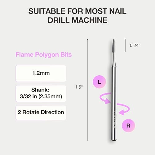 Curacoro Cuticle Nail Drill Bit 3/32'' - 1.2mm Flame Polygon Shape Bit for Professional Finish, Refine & Smooth Acrylic or Gel Nails, Nail Art Pedicure Manicure Salon & Home