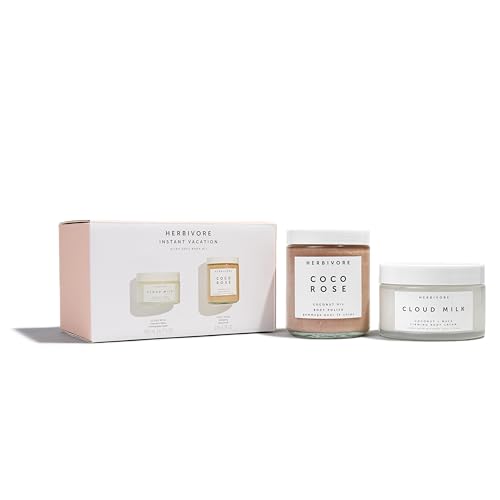HERBIVORE Instant Vacation Silky Soft Body Gift Set | Coco Rose Coconut Oil Body Polish & Cloud Milk Coconut + Maca Firming Body Cream, Plant Based, Vegan, Cruelty Free