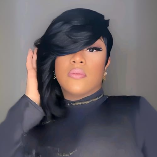 PangDongLai 10A Pixie Cut Wigs for Black Women Model Length Chic Elegent Short Layered Pixie Haircut Wigs With Bangs Brazilian Virgin Human Hair Natural Black 1b Color