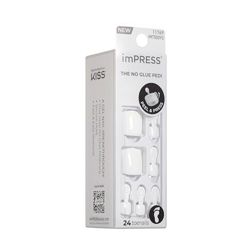 KISS imPRESS No Glue Mani 30 Pcs Press On Toenails, Solid Pure White Stick On Extension False Nails for Toes, Peel & Press Easy Apply, Hassle-Free Removal, Includes Manicure Stick, Prep Pad & File