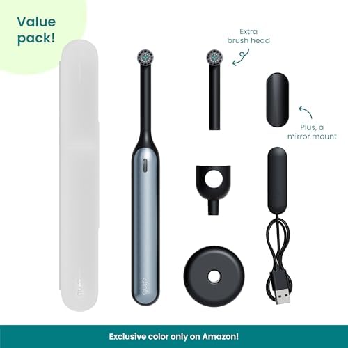 Quip Rev 360 Oscillating Rechargeable Electric Toothbrush with Extra Brush Head - Soft Bristles, Pressure Sensor, 3 Intensities, 30-Day Battery Life, Travel Case, Mirror Mount - Blue Stone