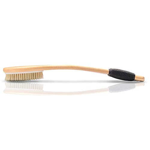 OWIIZI Bath Brush Wooden Curved Long Handle Antiskid Shower Brush for Exfoliating, Natural Bristle Scrubber for Back Use Wet or Dry