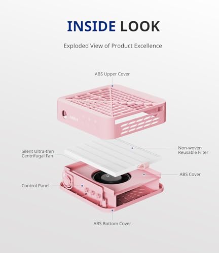 AIRSEE Nail Dust Collector,Compact Vacuum Fan Dust Collector for Salon & Home with Reusable Filter, Powerful Dust Suction Machine Manicure Pedicure Tool for Acrylic Nail Polishing, Pink