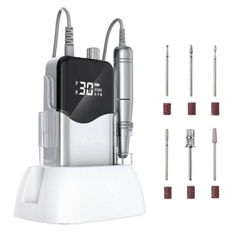 Nail Drill, Portable Rechargeable Tool Kit with 35000RPM Electric Nail File and LED Display for Manicure, Pedicure, Salon, Home, DIY (White)