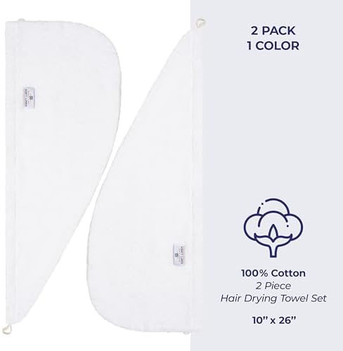 American Soft Linen 100% Cotton Hair Towels for Women, Head Towel Cap, Cotton Hair Turban Towel Wrap for Long Curly Anti Frizz Hair, Soft and Absorbent Cotton Hair Towels 2 Pack, White