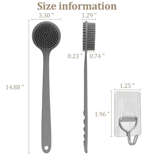 Men Shower Brush for Cleaning Body Soft Silicone Long Handle Exfoliator Back Scrubber, Grey
