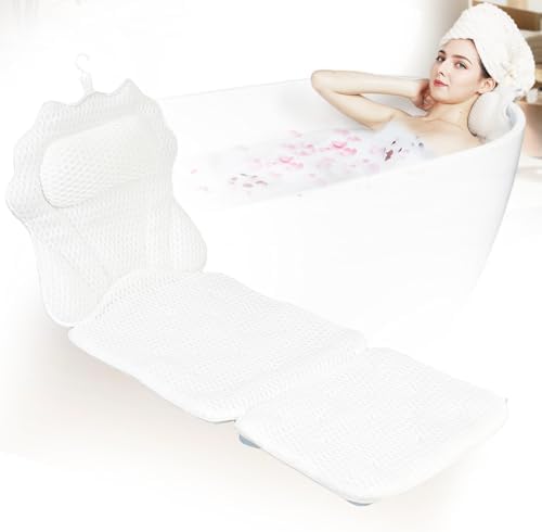 Full Body Bath Pillow for Bathtub, Spa Tub Cushion with 10 Suction Cups - 4D Air Mesh Quick-Dry Bathtub Pillow for Head, Neck & Back Support - Includes Laundry Bag
