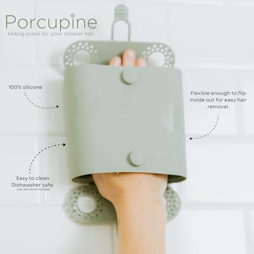 Porcupine Shower Wall Hair Catcher, Modern Silicone Design Collects & Conceals Hair in Bathroom, Prevents Clogged Drains, Reusable, Removable, Easy to Clean, Heavy Duty Hanger Included (Sage Green)