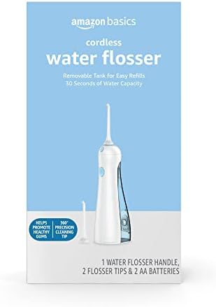 Amazon Basics HydroClean Cordless Water Flosser, 1 Water Flosser Handle, 2 Flosser Tips, 2 AA batteries included