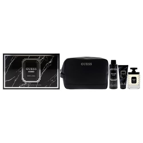 Guess Uomo for Men - 4 Pc Gift Set 3.4oz EDT Spray, 6oz Deodorizing Body Spray, 3.4oz Shower Gel, Pouch