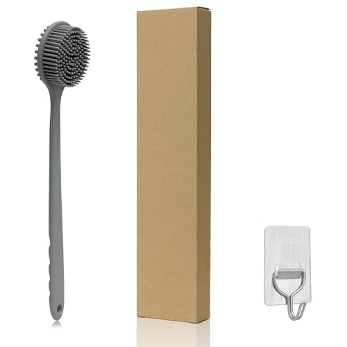 Men Shower Brush for Cleaning Body Soft Silicone Long Handle Exfoliator Back Scrubber, Grey