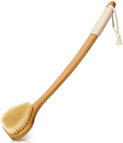 Bamboo Back Scrubber with Curved Long Handle, 17.3 Inches Exfoliating Shower Brush with Stiff Bristles for Men and Women, Back Washer Body Exfoliator for Bath or Dry Brushing