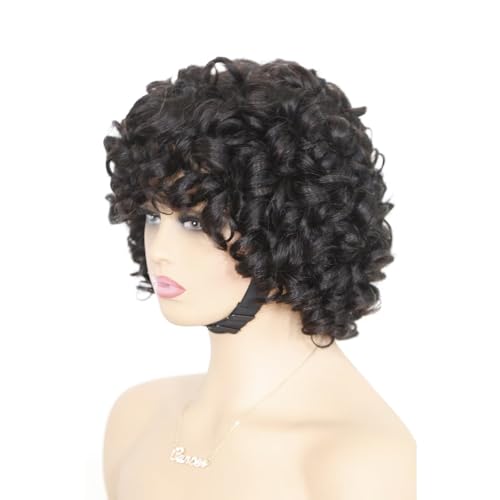 Fringe Bouncy Human Hair Wigs For Black Women Afro Rose Curly Funmi Glueless Wigs with Bangs Short Bouncy Curly Bob Wig With Bang 8Inch 180% Density Natural Black