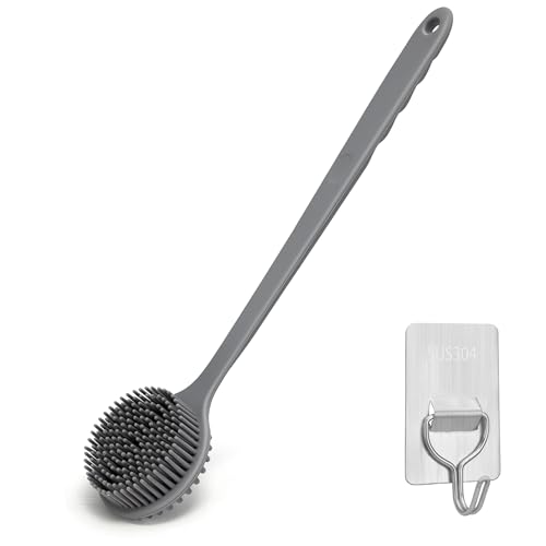 Men Shower Brush for Cleaning Body Soft Silicone Long Handle Exfoliator Back Scrubber, Grey