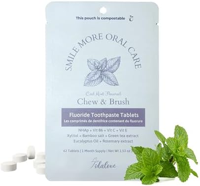 Smile More Toothpaste Tablets with Fluoride & nHAp - Vegan, Enamel Strengthening, Zero Waste, Paper Refill, 62 Tablets, Cool Mint, 1 Month Supply, Travel-Friendly