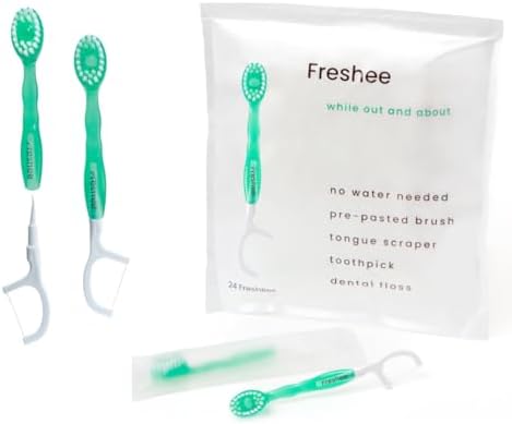 Freshee® 5 in 1 Disposable Mini Toothbrush with Toothpaste + Floss + Pick + Tongue Scraper | Travel Size | Individually Wrapped | Soft | Mint | Travel Set | Oral Care