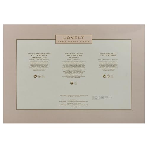 SJP Lovely - Women's Perfume and Body Care Gift Set - Includes Eau De Parfum, Rollerball, and Soft Lotion in Iconic Lovely Fragrance - Notes of Mandarin, Lavender, and Apple - 3 pc