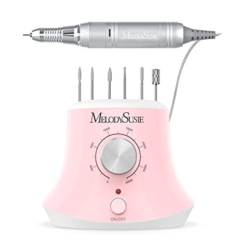 MelodySusie Electric Nail Drill with Foot Pedal, 30000RPM Professional Nail File Bits & Sanding Bands Kit for Acrylic & Gel Nails, Efile Nail Drill Set for Manicure Pedicure Polishing, Scarlet Pink