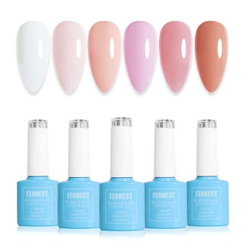 FZANEST Hema Free Rubber Base Builder Gel Set, 6 Colors Nude Pink Gel Polish Sheer Milky White Natural Nail Polish French Tips Base Colors Nails Strengthener Soak Off Gift for Womens