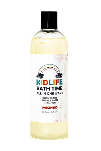 Kidlife Natural Bath Time 3 In 1 Shea & Organic Aloe Body Wash- No Phenoxyethanol Unscented 15 Oz. Kids Head to Toe All in one Bath and body Soap. Bubble Bath, Bodywash and Shampoo by KJ3 Essentials