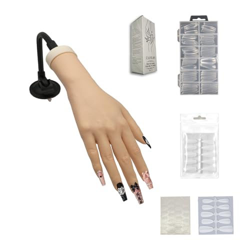 Practice Hand for Acrylic Nails, Realistic, Silicone, Fake Hand with Strong Suction Cup, Nail Practice Hand with Acrylic Nails and Jelly Gel, Realistic Mannequin Hand