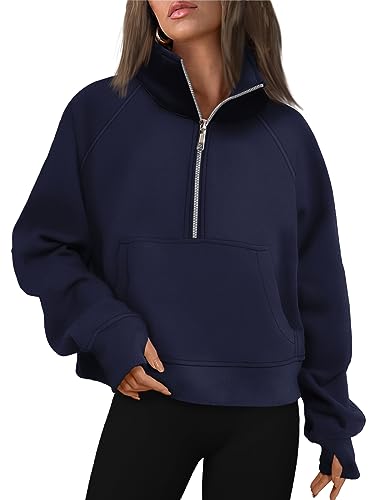 AUTOMET Womens Sweatshirts Half Zip Cropped Pullover Fleece Quarter Zipper Hoodies 2024 Fall Fashion Outfits Clothes Thumb Hole Navyblue