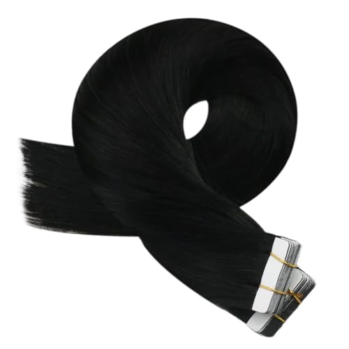 Moresoo Black Tape in Hair Extensions Human Hair Invisible PU Tape in Extensions Straight Glue in Extensions Remy Human Hair Extensions Glue in Straight Hair 18 Inch #1 20pcs 50g