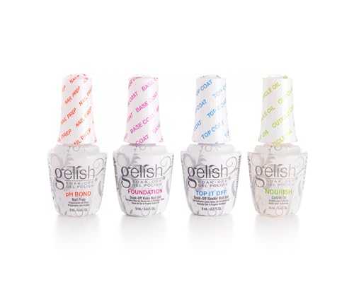 Gelish MINI Fantastic Four Kit – 9mL Each pH Bond Nail Prep, Foundation Base Gel, Top It Off Sealer Gel & Nourish Cuticle Oil – Professional Manicure Essentials