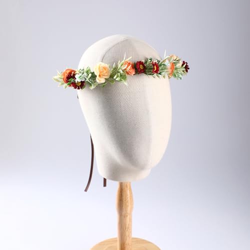 Floral Crown Women Girls - Orange Boho Floral Headpiece with White Green Leaves Charming Fairy Flower Headband for Wedding Photo Shoot Festivals