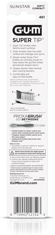 GUM Super Tip Toothbrush, Soft Bristle Toothbrush for Adults with Tongue Cleaner, Compact Head, 1ct (Pack of 12)