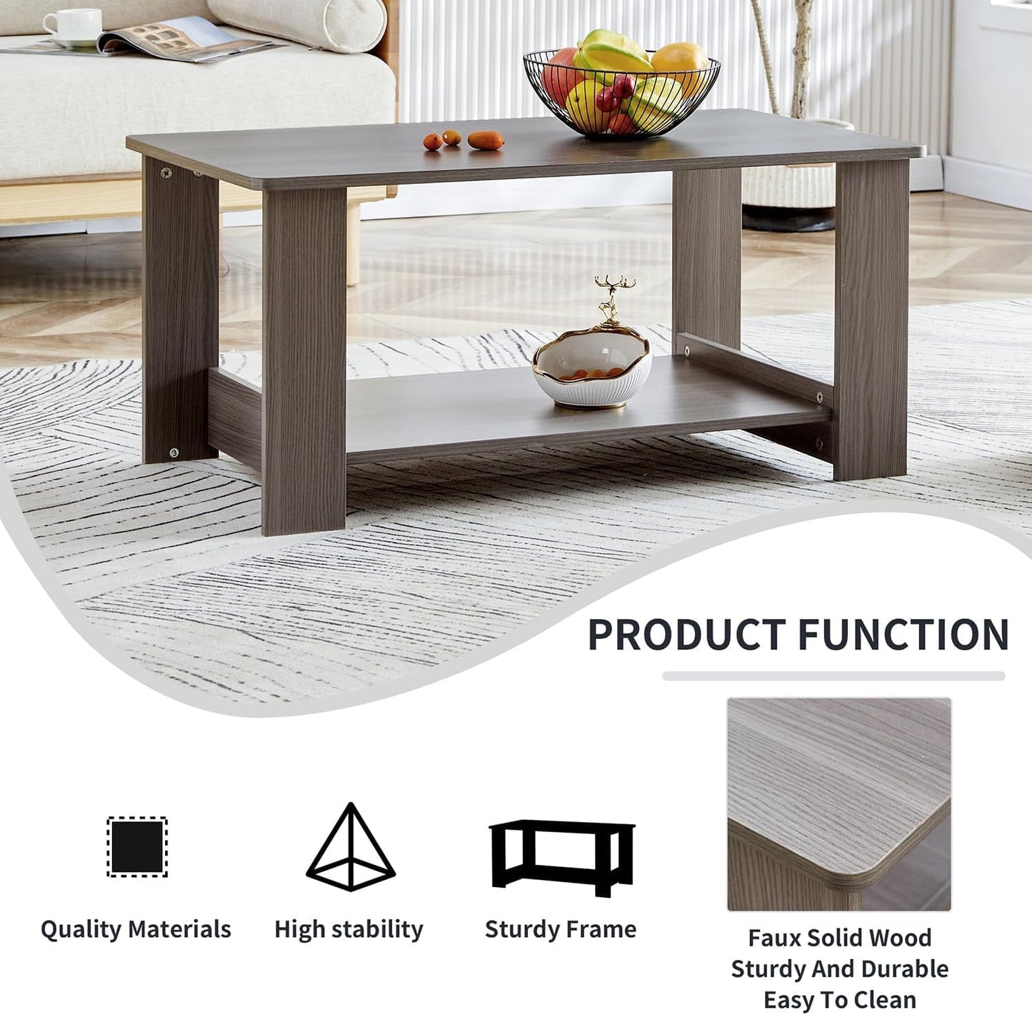 Small Coffee Tables for Small Spaces Wooden Coffee Tables for Living Room 2-Tier Coffee Table with Storage Double Layered (Gray, 19.6"*35.4"*16.5")