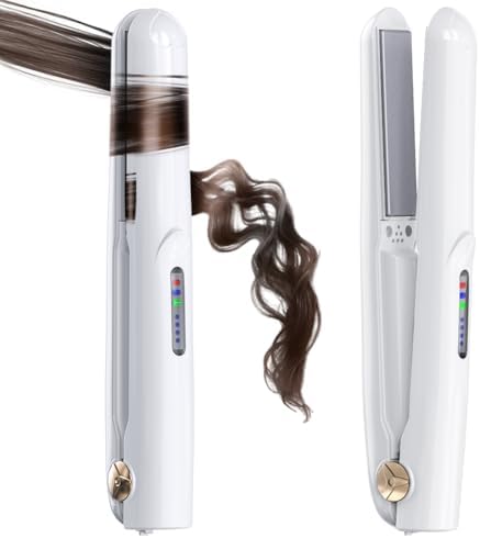 Cordless Hair Straightener and Curler 2 in 1 Ceramic Flat Iron Mini Cordless Portable Travel Hot Tools Straight Curl for Women Men USB Rechargeable with Pouch (White)