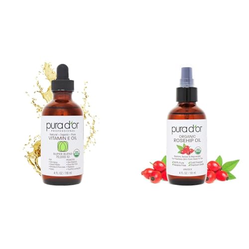 PURA D'OR 4 Oz Vitamin E Oil Blend 70,000 IU & Rosehip Seed Oil Hair Relaxer 100% Pure Cold Pressed USDA Certified All Natural Moisturizer For Anti-Aging, Acne Scar Treatment, Gua Sha Massage