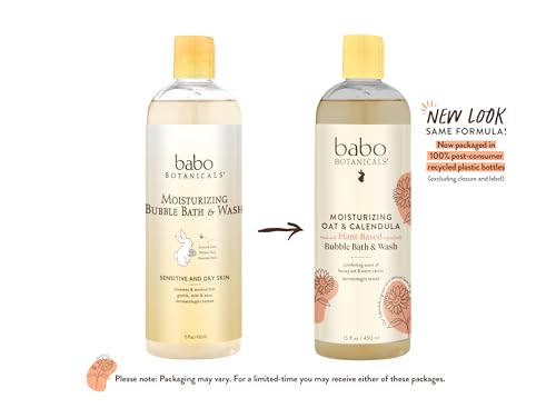 Babo Botanicals Moisturizing Oat & Calendula 2-in-1 Bubble Bath & Wash - for Dry or Sensitive Skin - for All Ages - Vegan - Lightly Scented - 1 or 2 Pack