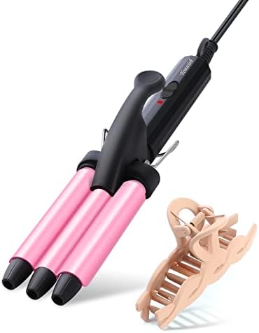 Mini Hair Crimper 1/2 Inch, Small 3 Barrel Curling Iron Hair Waver Dual Voltage for Home and Travel, Triple Ceramic Tiny Barrels Create Natural Tight Beachy Waves, Pink