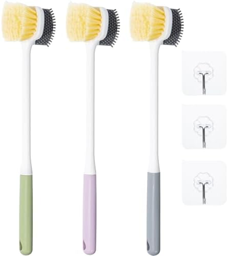 Foot Scrubber Toe Cleaning Brush, 3 Pack Shower Foot Scrubber with Long Handle, Double-Sided Silicone and Soft Bristle Brush for Skin Exfoliation, Seniors, Adults, Grey Purple Green