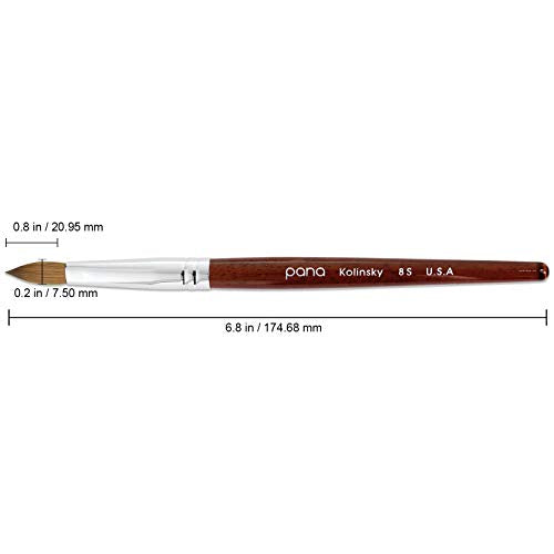 PANA Pure Kolinsky Hair Bristles Acrylic Nail Brush Oval Crimped Shaped Mahogany Wood Handle Professional Salon Quality (Size 8, Mahogany)