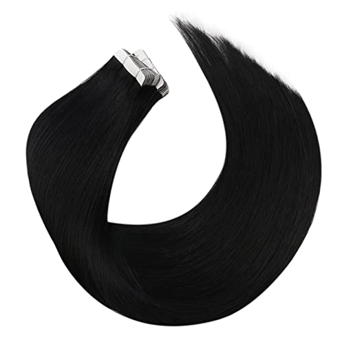 Moresoo Black Tape in Hair Extensions Human Hair Invisible PU Tape in Extensions Straight Glue in Extensions Remy Human Hair Extensions Glue in Straight Hair 18 Inch #1 20pcs 50g